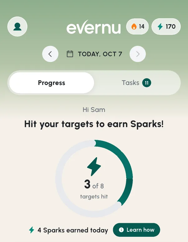 The app's home screen: today's date, a streak and Sparks count, and the day's targets