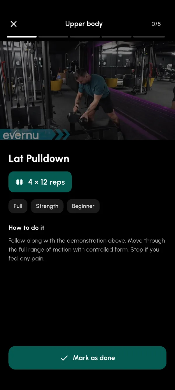 A coached workout video in the app: lat pulldown, four sets of twelve