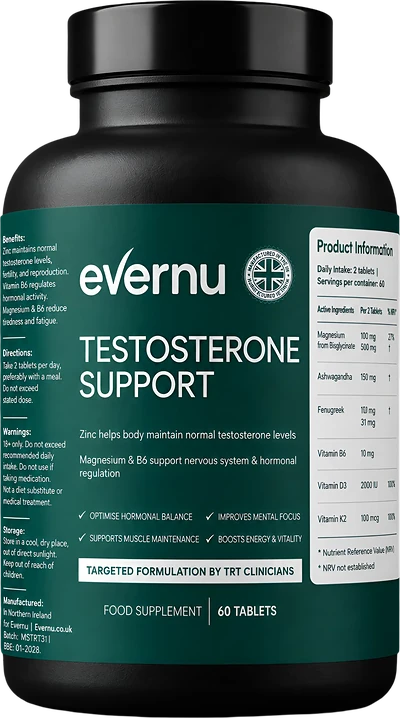 A black bottle of Evernu Testosterone Support, 60 tablets, with a deep green label