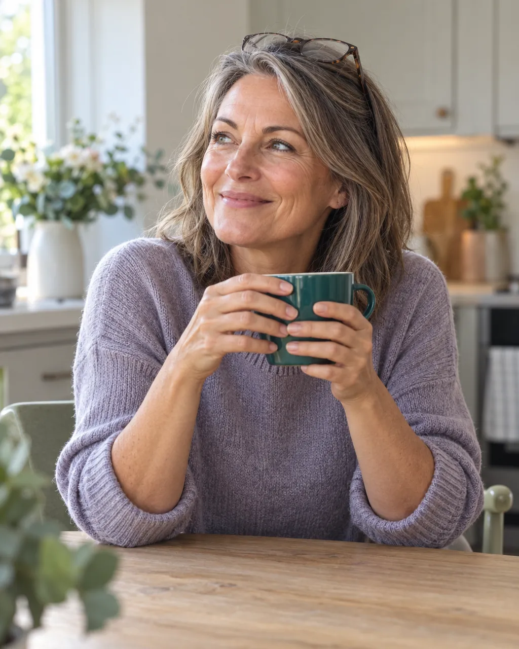 A woman in her fifties smiling over a mug of tea at her kitchen table